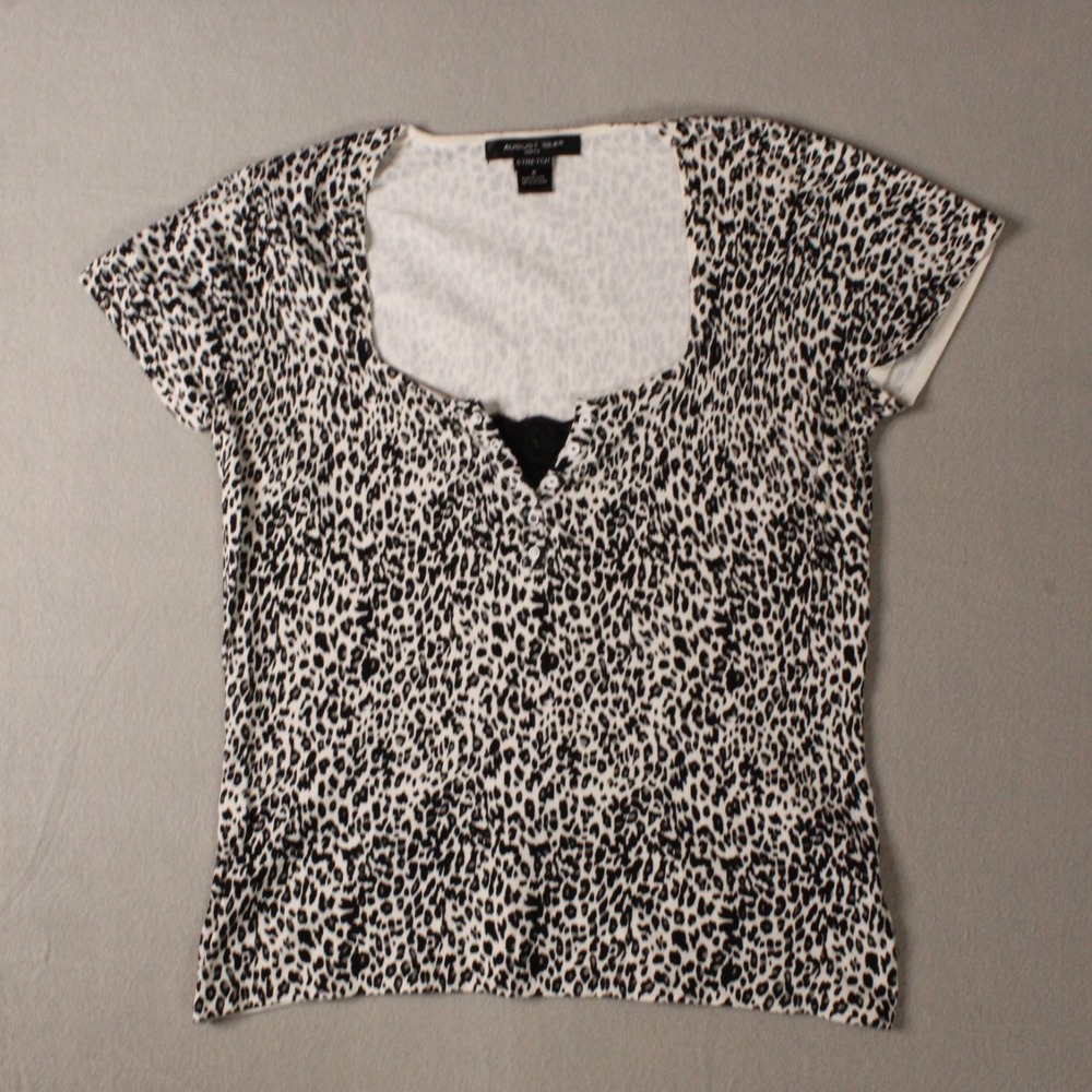 August Silk Black White Leopard Print Knit V-Neck Top M Lace Trim Mob Wife
